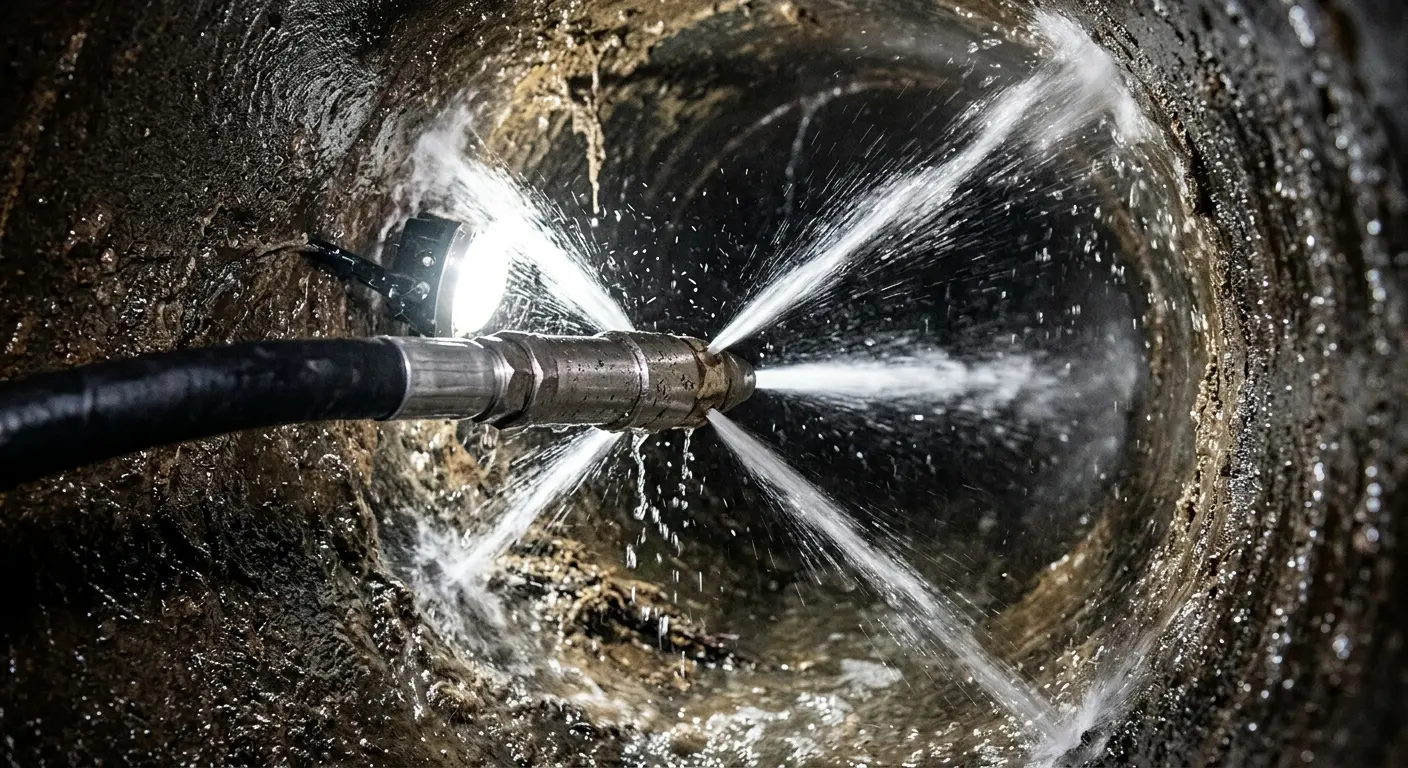 High-pressure hydro jetting nozzle cleaning sewer pipe for Storm Drain Cleaning in Rancho Calaveras