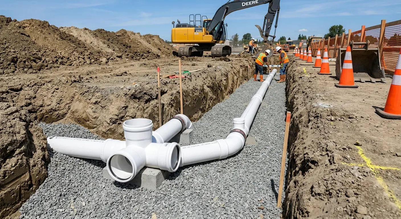 New PVC sewer pipe installation in open trench for Sewer Backup in Rancho Calaveras